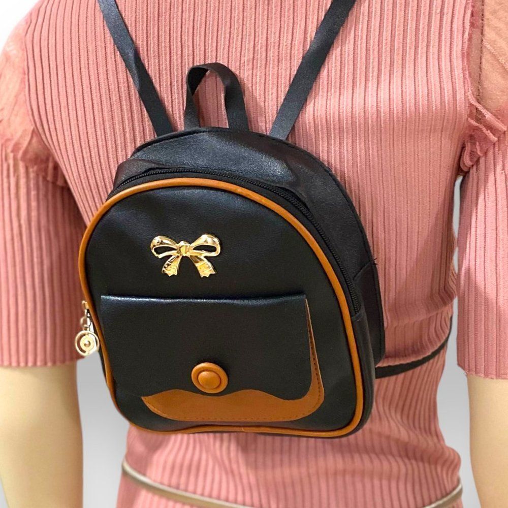 Black Mini Crossbody Backpack Multi Compartments Brown Accent Mini Bag
